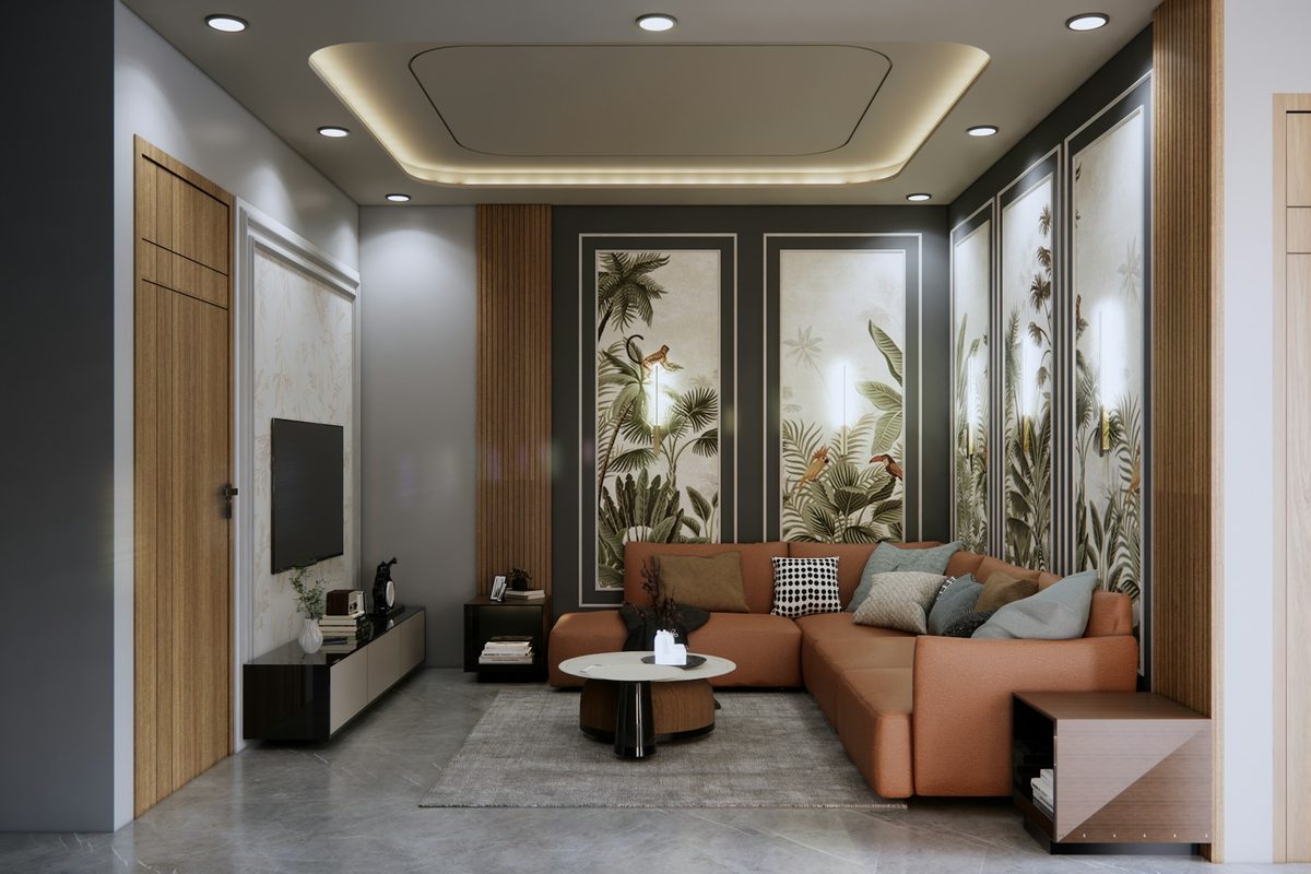 Living room with false ceiling and wall panelling