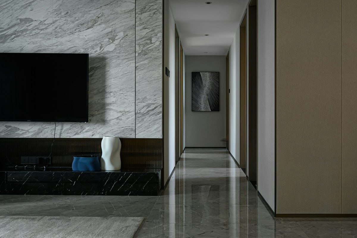 Polished marble flooring in a corridor